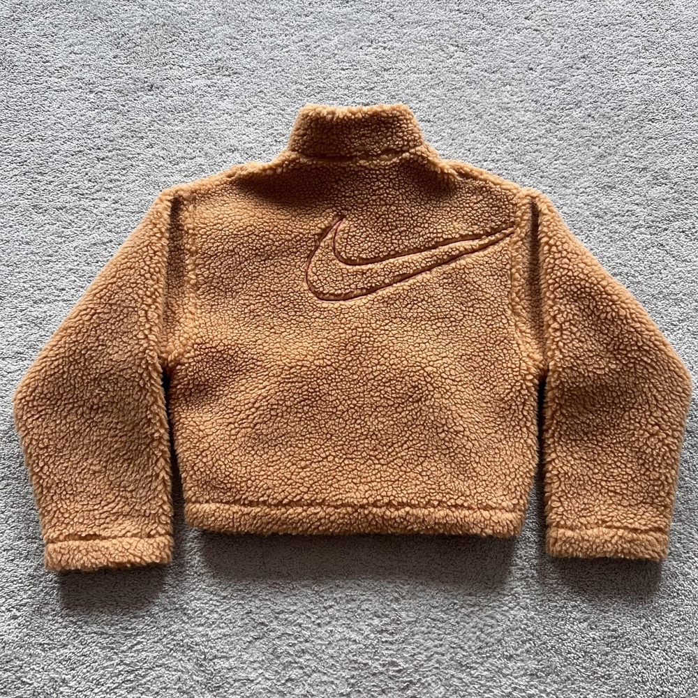 Nike Sportswear Swoosh Faux Fur Sherpa Fleece Jacket Womens M Brown Full Zip - Picture 2 of 16
